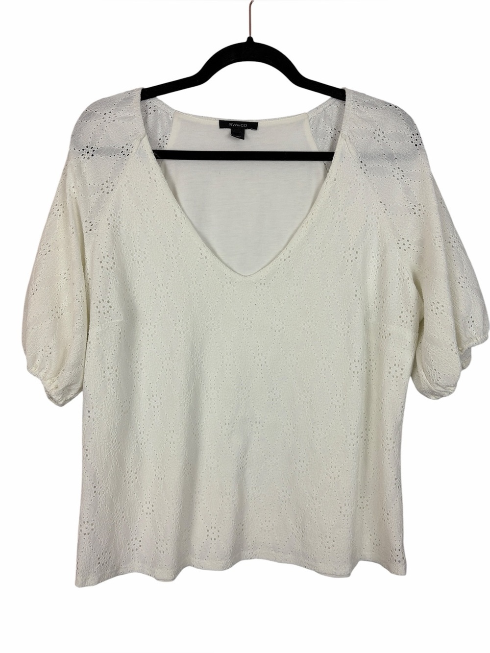 RW&CO Ivory Eyelet Short Puff Sleeve Lined Blouse Top XL Cottagecore